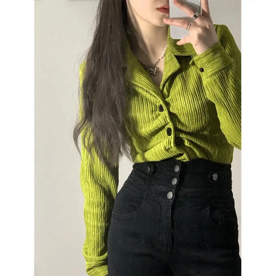 Green Shirt Slim Fit Retro Lazy Unique Design High-end and Sweet Chic Top