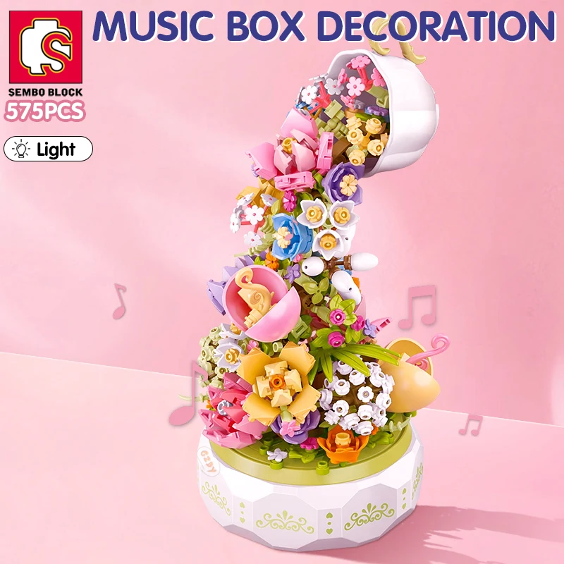 

SEMBO BLOCK Romantic Bouquet Light Music Box Building Block Fairy Dreamy Home Decor City Scene Creative Gift Toy For Friends