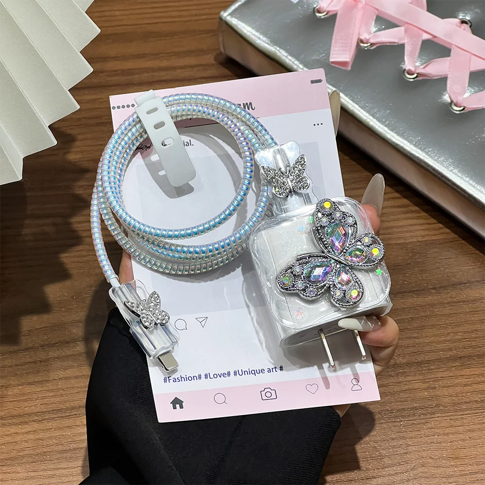 Cute Silver Butterfly Glitter Wave Border Epoxy USB Protector Cover For iPhone 18W-20W Data Line Head Cord Fast Charging Case