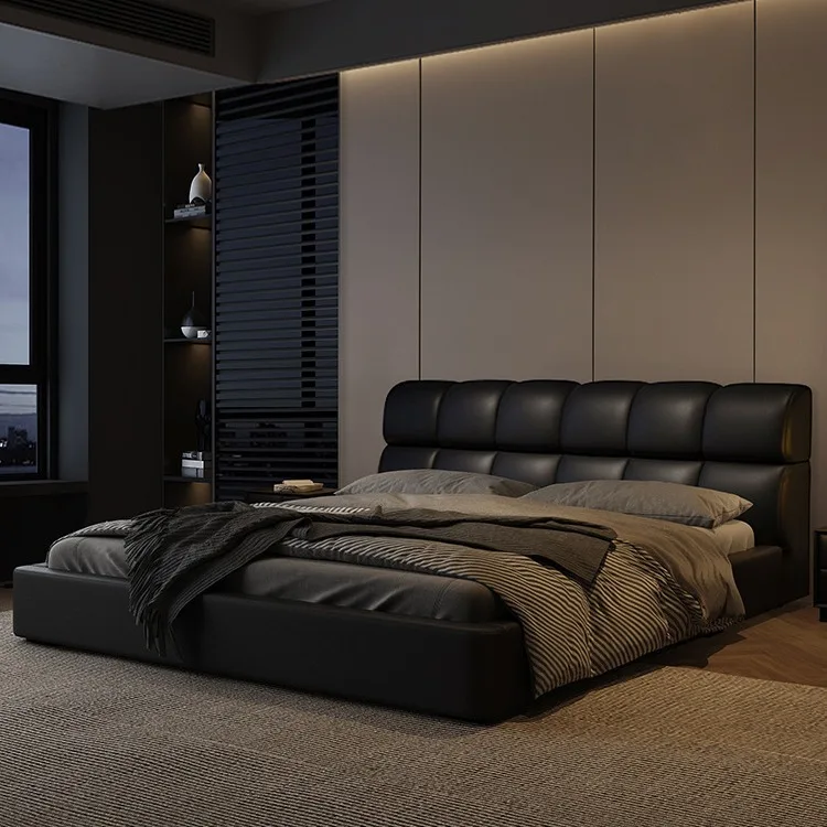 

Italian style, minimalist leather bed, master bedroom modern, simple light luxury atmosphere black