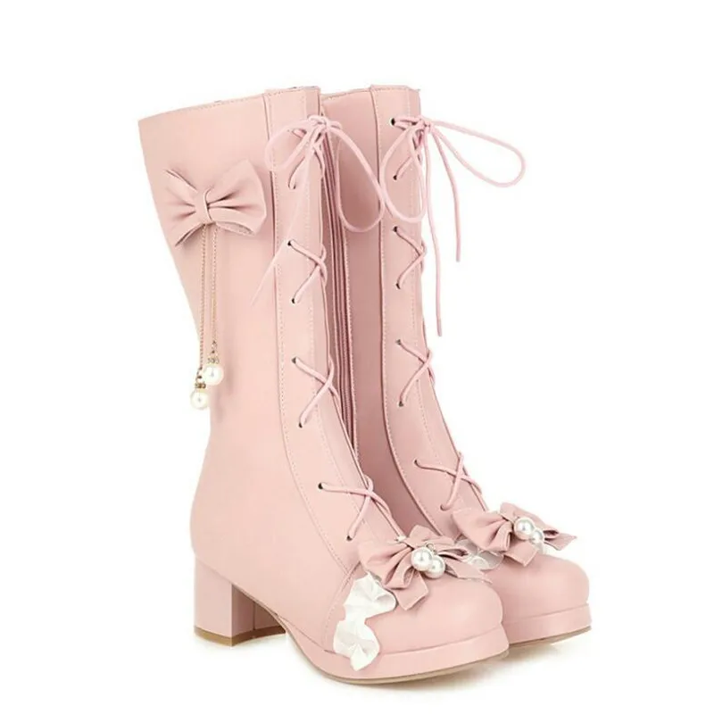 

Модные сапоги для девочек, женские сапоги принцессы средней длины в стиле Лолиты, розовые, белые, черные туфли на высоком каблуке с оборками и бантом, вечерние туфли 30-43