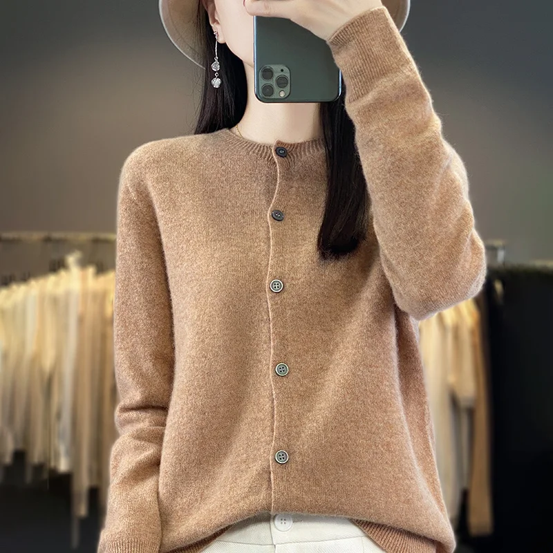 

Autumn Winter Women New O-neck Solid Knitted Cardigan 100% Merino Wool Sweater Casual Cashmere Knitwear Long Sleeve Soft Tops