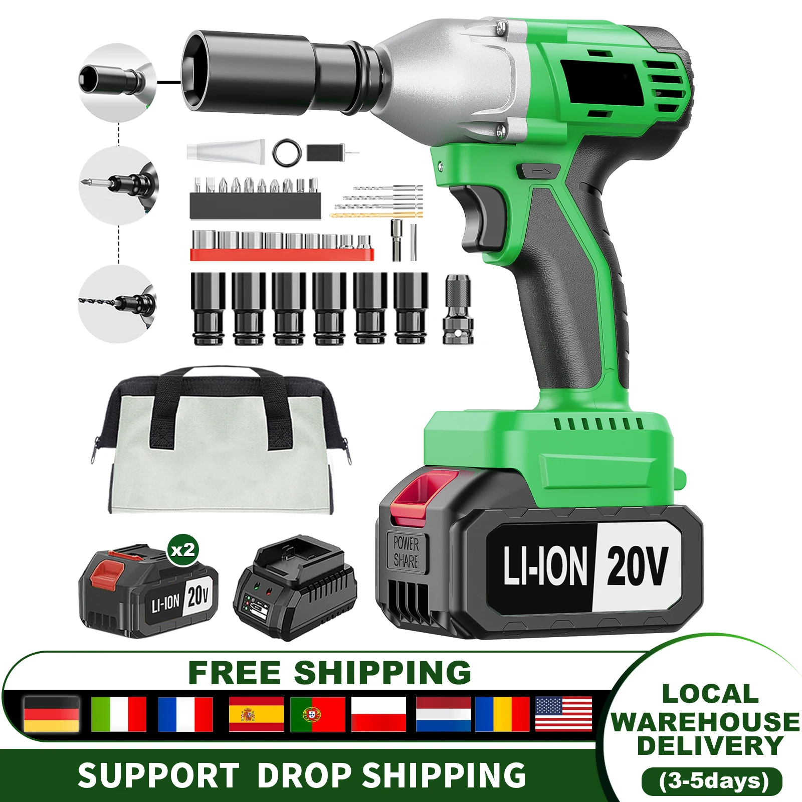 3 in 1 Electric Impact Wrench 20V 430nm Cordless Brushless Car Support Battery Power Local US Warehouse Drop Shipping Available