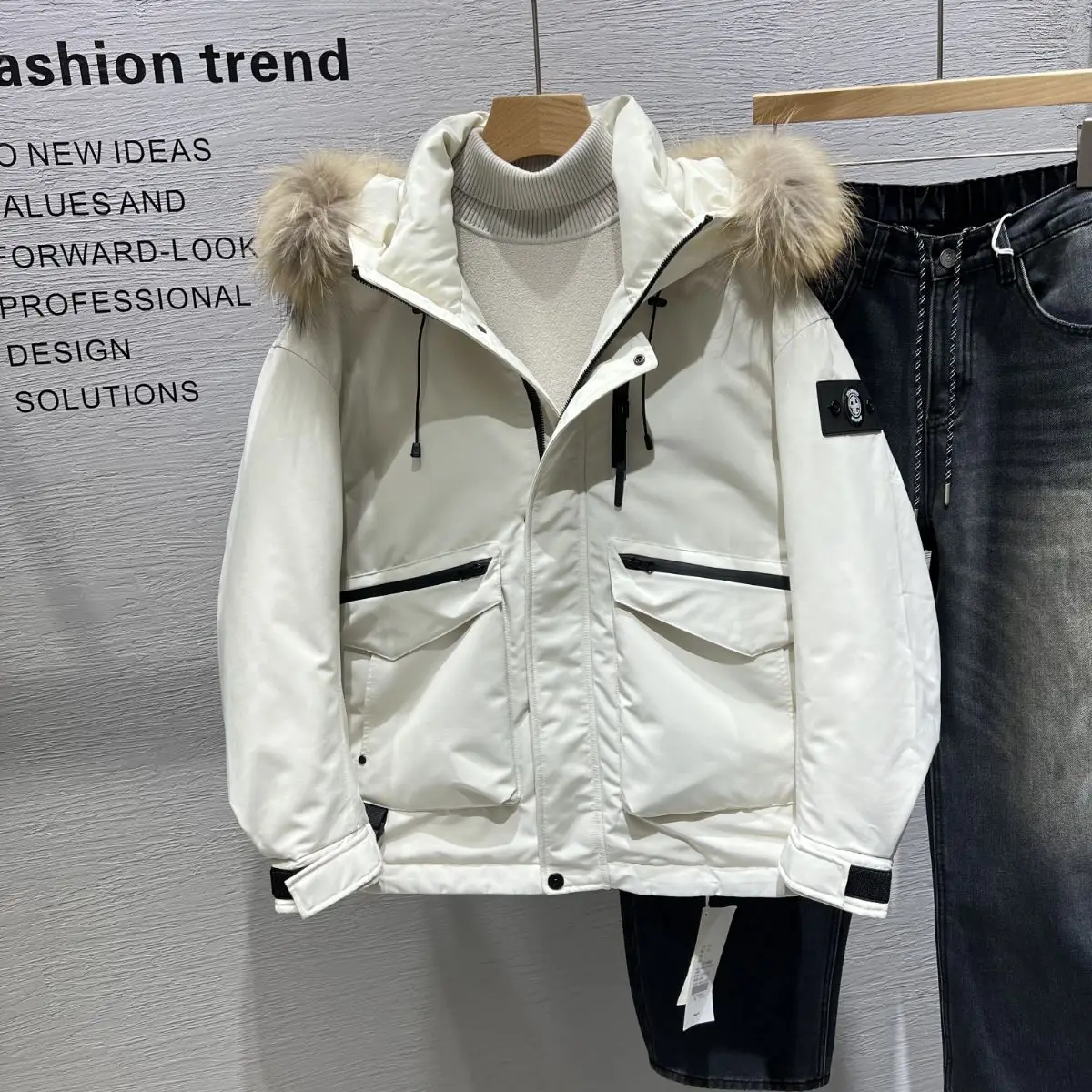 

High-End Men's Parka down Jacket with Large Fur Collar Warmth Insulation Workwear Outerwear Nylon Fabric White Duck down Filling