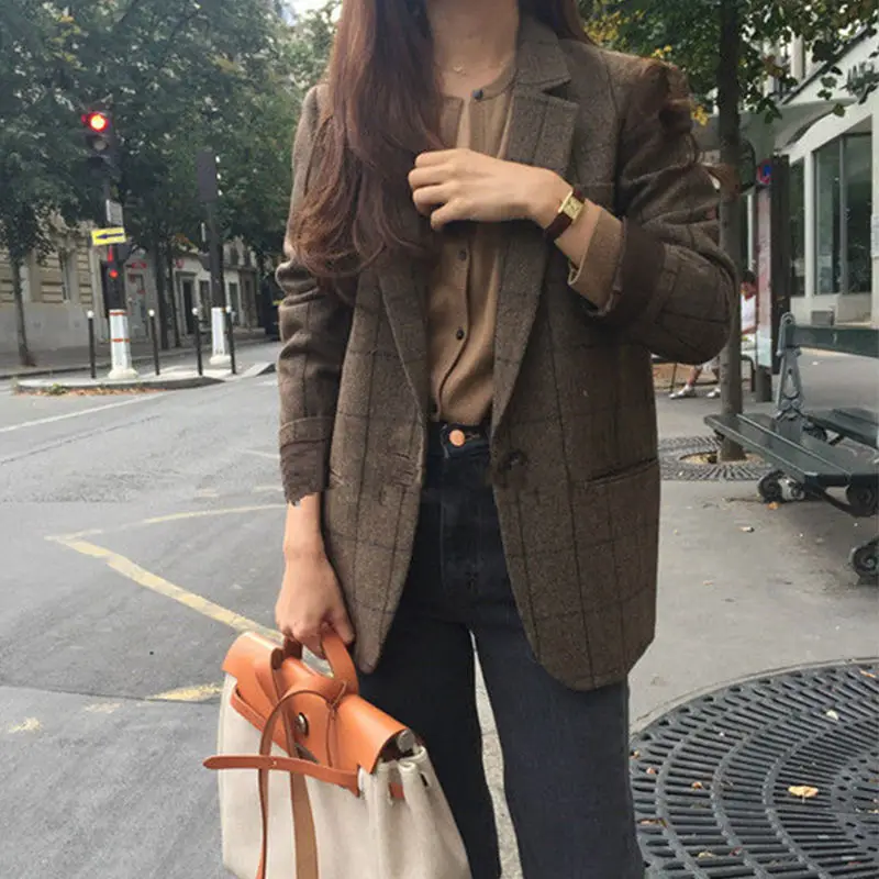 Women's Spring Korean New Woolen Small Suit Commuting Fashion Business Plaid Button Pocket Splicing Versatile Long Sleeve Coat