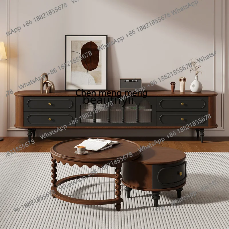 French retro TV cabinet coffee table combination living room home bedroom American walnut antique TV cabinet solid wood  H