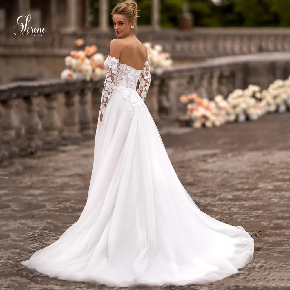 Sirene Strapless Sheer Lace Lange Mouw Eenvoudige 3D Bloemen Hoge Split Open Rug Bruidsjurken Elegante Vestidos De Novia Aangepast