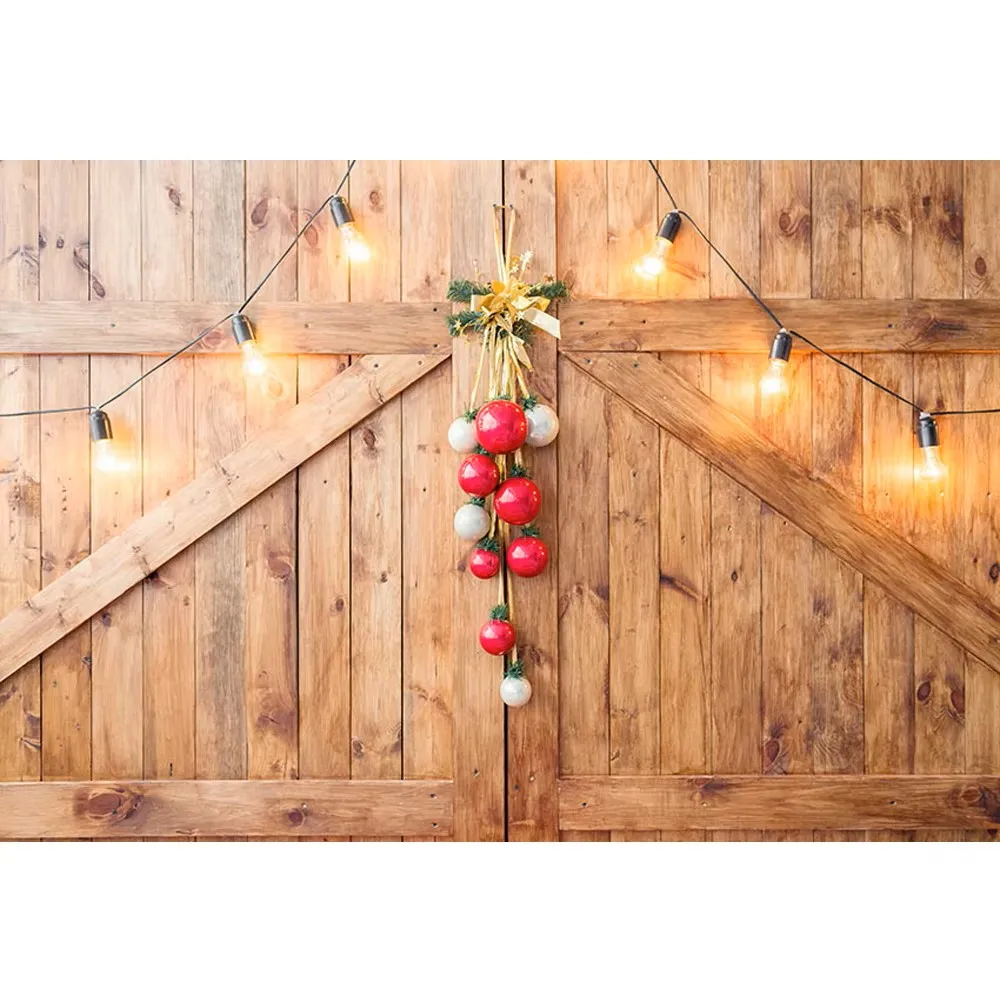 

Cymbozin Wooden Door Photography Backdrop Cloth Bulbs Red White Balls Christmas Valentines Day Photo Shoot Background