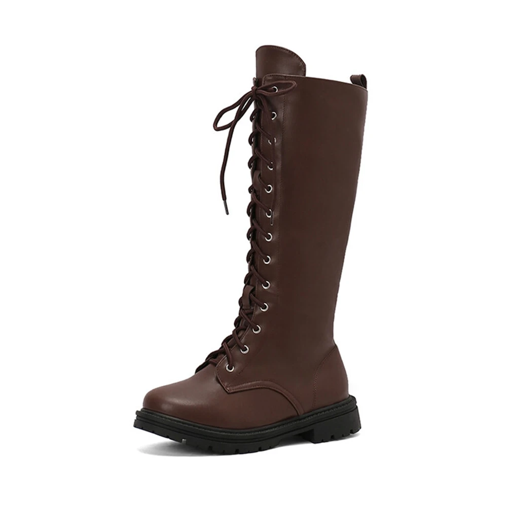 Women's Lace Up Knee High Boots Large Size 35-48 Black Brown Long Boots D-6