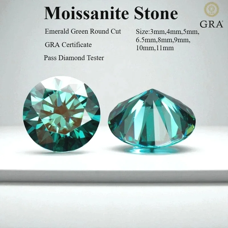 

Moissanite Stone Round Cut Emerald Green Synthetic Gemstone For Jewelry Making With Certificate Pass Diamond Tester