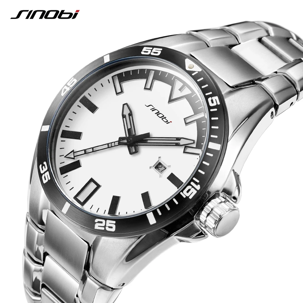 SINOBI Brand Luxury Men\'s Business Watch 47mm Dial Stainless Steel Strap Calendar Luminous Waterproof Men Sports Wristwatch