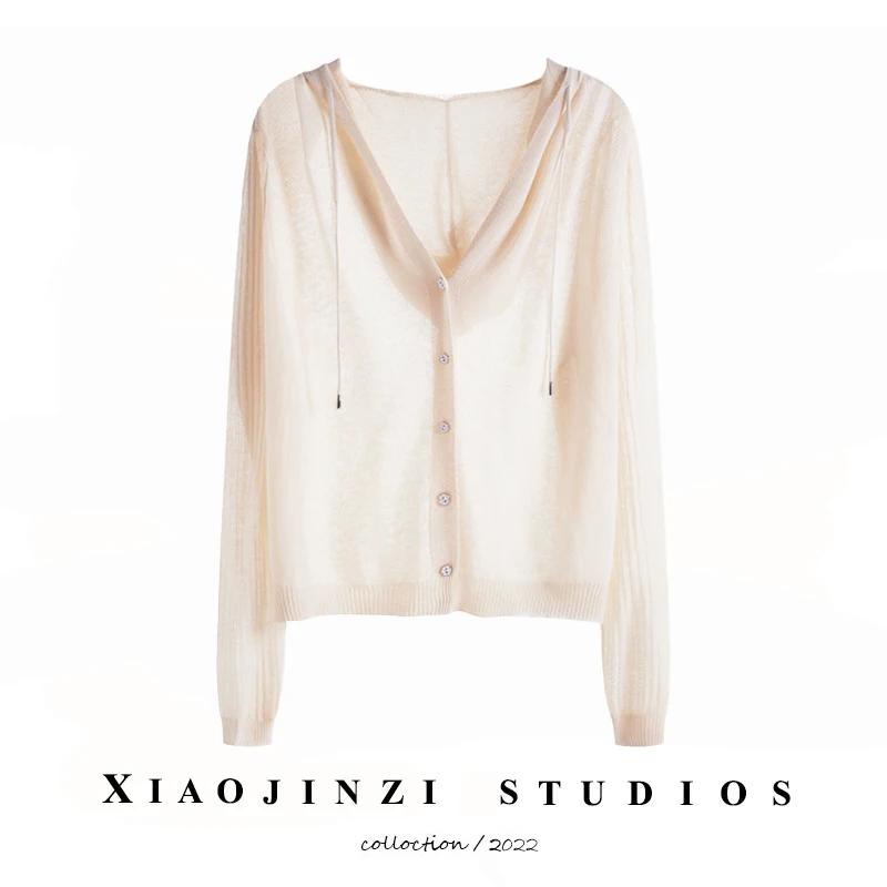 

High Quality Hooded Ice Silk Knitted Women's Cardigan Summer Thin Long Sleeved Sun Protection Solid Color Jacket
