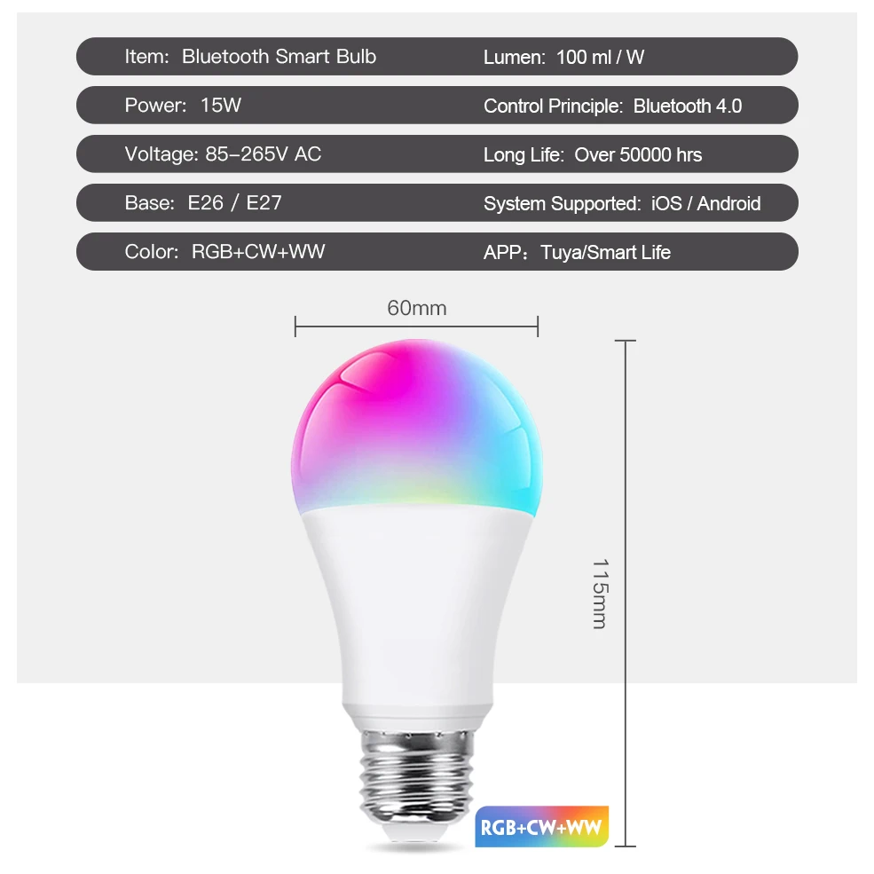 Bluetooth 4.0 Smart LED Bulb Tuya Light Bulbs AC85-265V Dimmable Spotlight Bulb 15W E27 RGB+CW+WW LED Color Change Lamp for Home