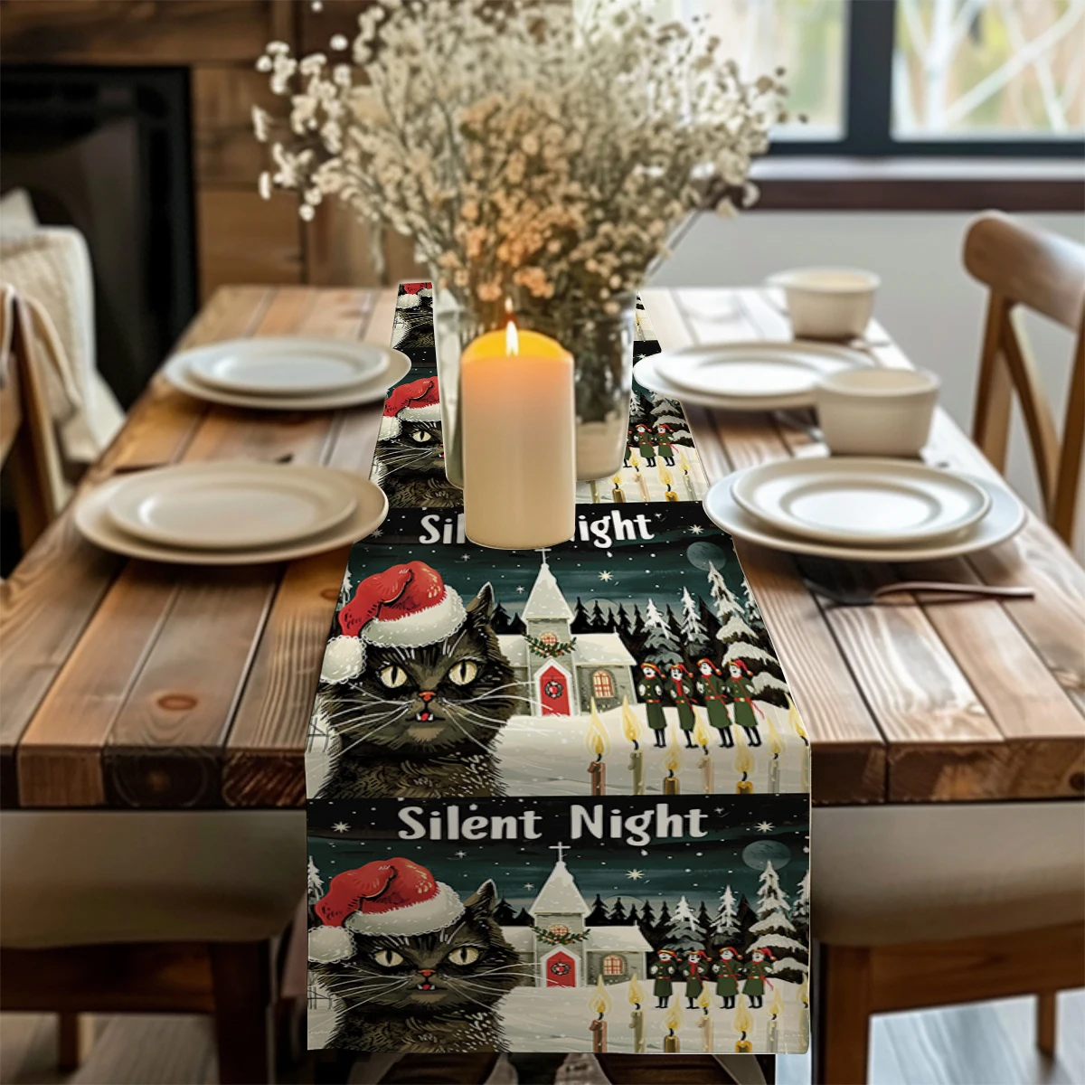 

Cat Castle Snowflake Candle Table Runner Polyester Table Runners for Dining Room Cottagecore Polyester Table