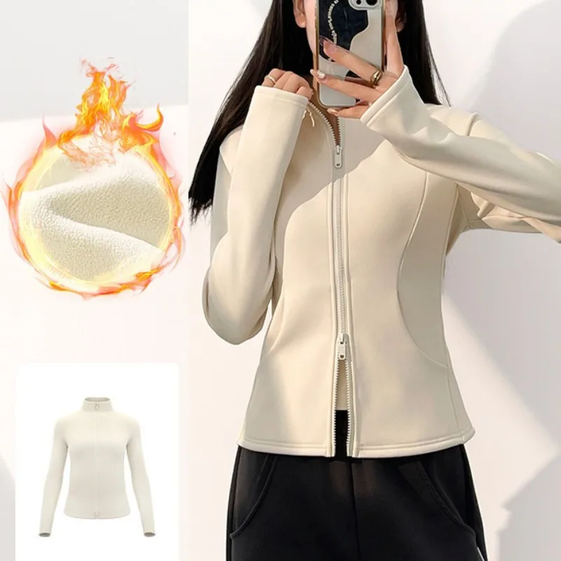 

New Autumn Winter Outerwear Running Training Jacket Korean Style Slim Fit Plush Thick Coat Women's Warm Stand Collar Yoga Suit