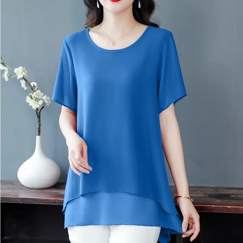 Chiffon Women\'s 2024 Pullover Round Neck Summer Mid Length Gauze Elegant Office Lady Solid Color Loose Slim Short Sleeve Tops