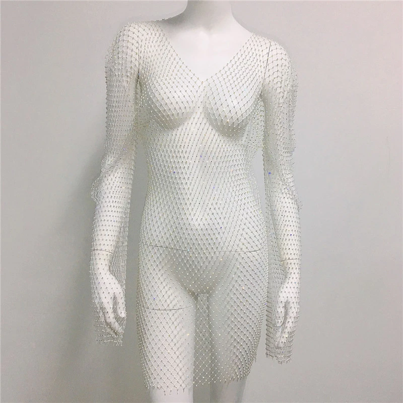 Glänzende Strass Grid Fishnet Kleid Langarm V-ausschnitt Aushöhlen Urlaub Kleid Sexy Strand Cover Up Atmungsaktive Dame Vestidos – Detail 9