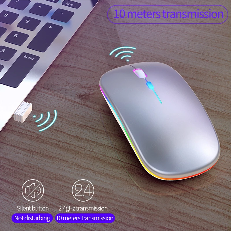 Ratón inalámbrico recargable para juegos, Mouse Ultra delgado silencioso LED retroiluminado de colores para ordenador, portátil y PC