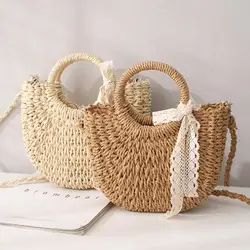 ISKYBOB Straw Bag Handbag Women Moon Shape Hard Rattan Bag Big Capacity Drawstring Casual Beach Shoulder Crossbody Bag with Lace