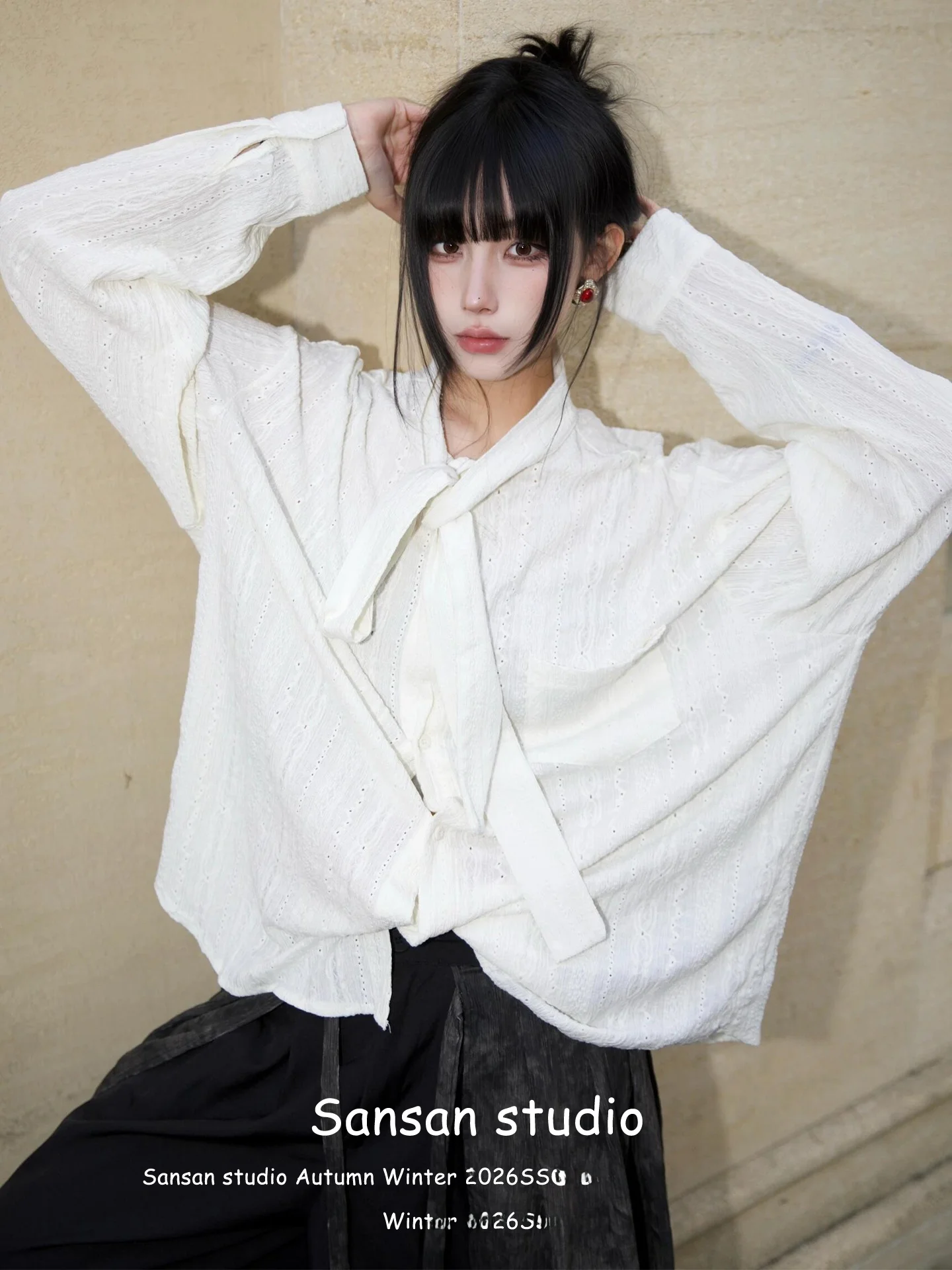

Yohji Yamamoto Sle Women's irt Spring Early Loose Casual Hollow out Bow Tie Cardigan Long Sve Breathable Skin-Friendly