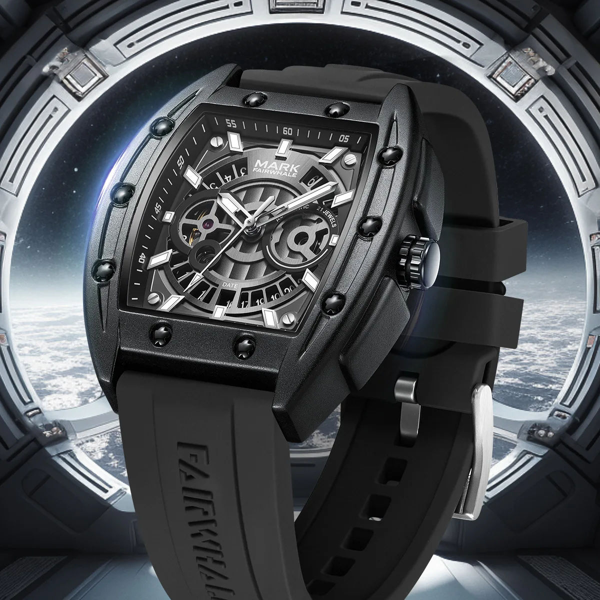 

Mark Fairwhale Brand Fashion Tonneau Dial Hollow Mechanical Watch for Men Sports Rubber Strap Waterproof Luxury Skeleton Watches