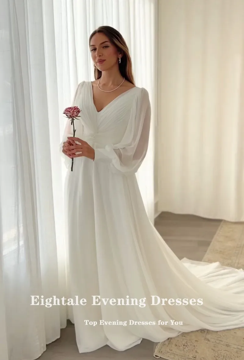 Eightale Boho Hochzeitskleid V-Ausschnitt mit langen Ärmeln Chiffon A-Linie Falten Prinzessin Maßgeschneiderte Brautkleider Vestidos De Novia