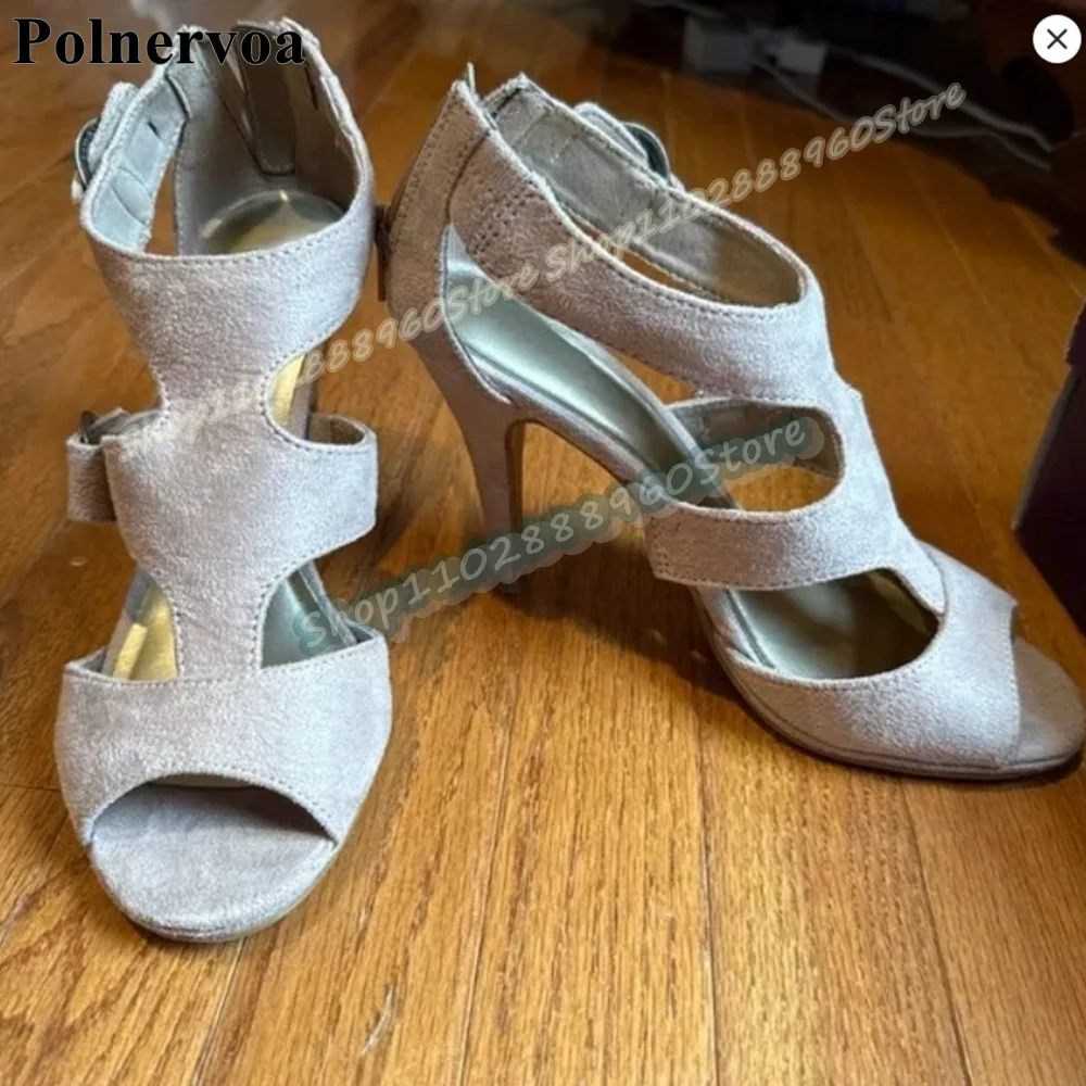 

Casual Gray Flock Buckle Strap Sandals Thin High Heel Shoes For Women Back Zipper Peep Toe Fashionable Party Zapatos Para Mujer