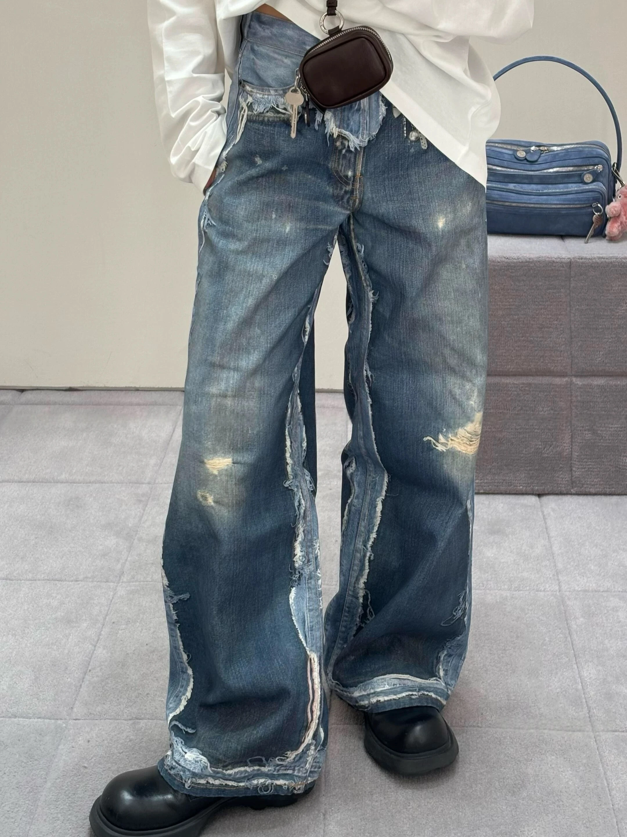Calças Jeans Rasgadas Estilo Americano 1981M, Moda de Rua para Homens e Mulheres, Calças de Perna Larga com Design Impresso, ...