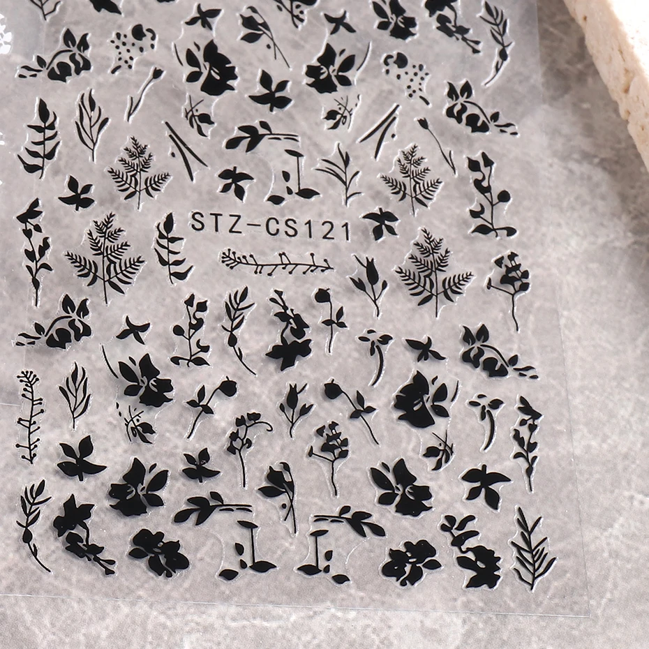 2 stks 3D Eenvoudige Bloemen Blad Nagelstickers Elegant Zwart Wit Bloem Ontwerp Leuke Stickers Voor Nail Art Decoratie DIY