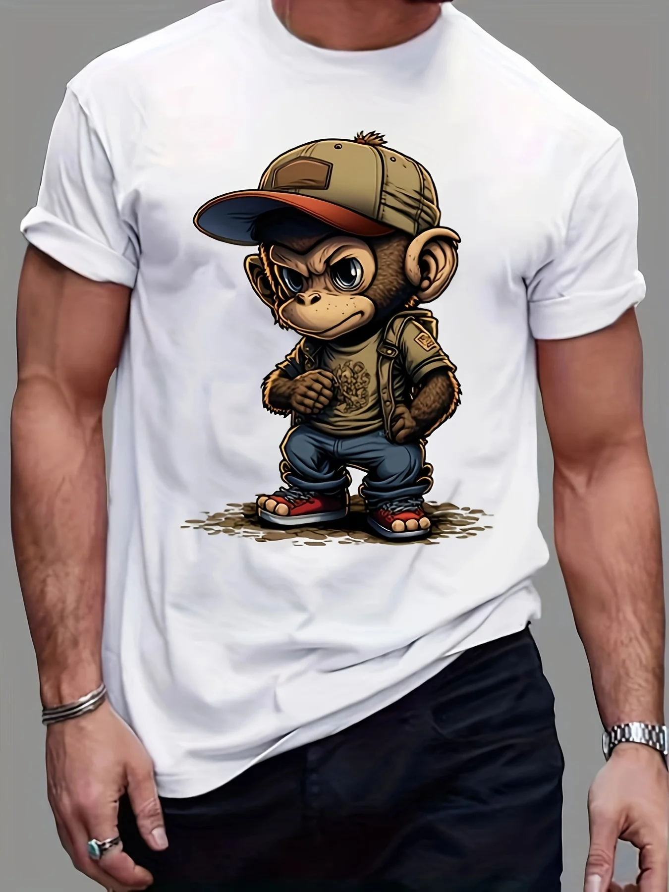 Men's Summer 100% Cotton round Neck T-Shirt Casual Loose Fit Cartoon Monkey Pattern Printed Short Sleeve Fashionable Sports Tee