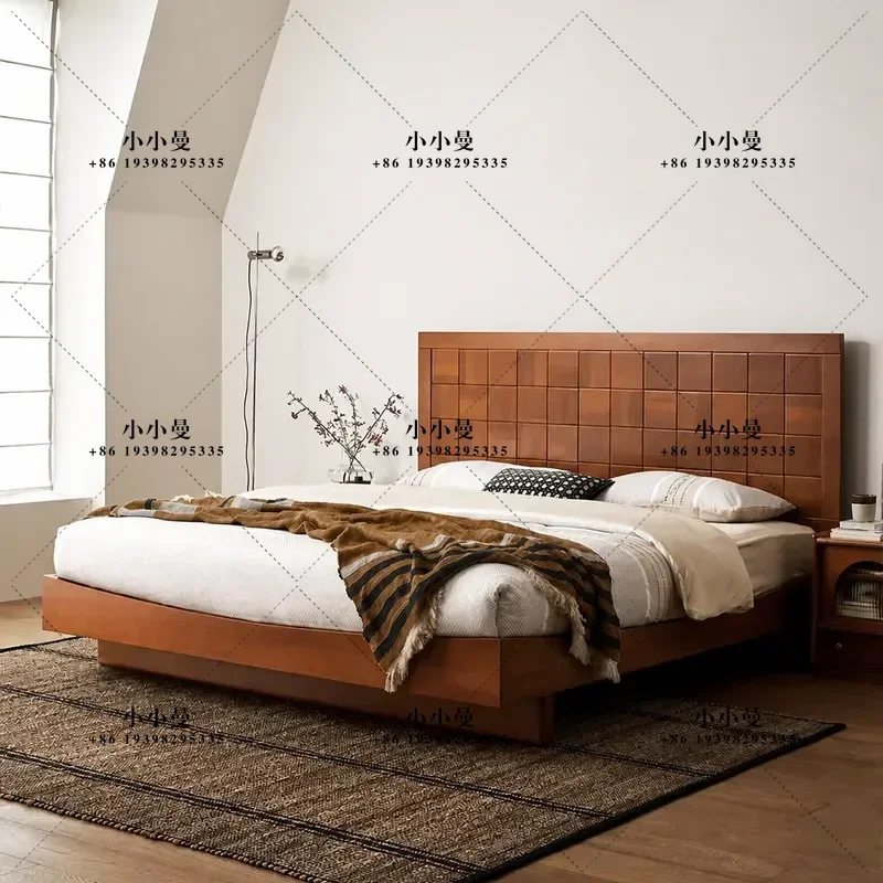 Retro Solid Wood Double Bed Cherry Wood Master Bedroom Furniture Simple Modern Multi Functional Platform Bed for Home Decor