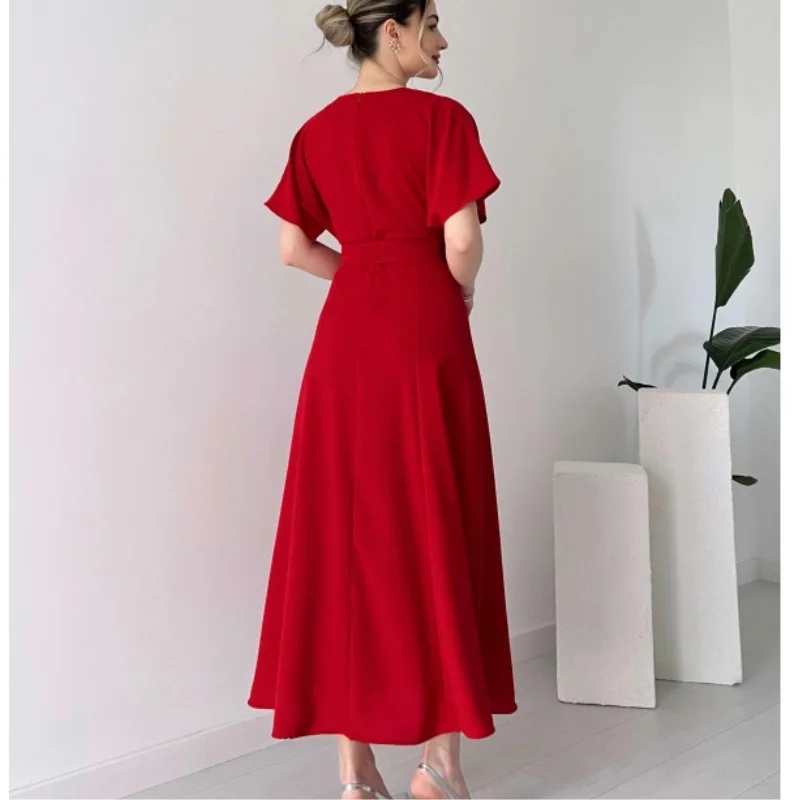 Women\'s Dress Spring and Summer New Solid Color Fashion Chest Pleated Strap Long Dresses for Women