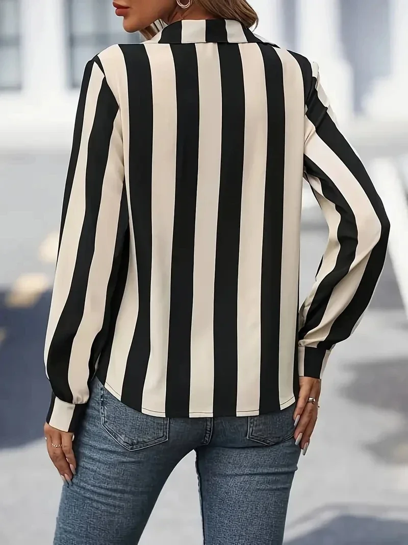 Fashionable Women\'s European and American Elegant Striped Printed Shirt 2024 Spring and Summer Plus Size Women\'s Long Sleeve Top