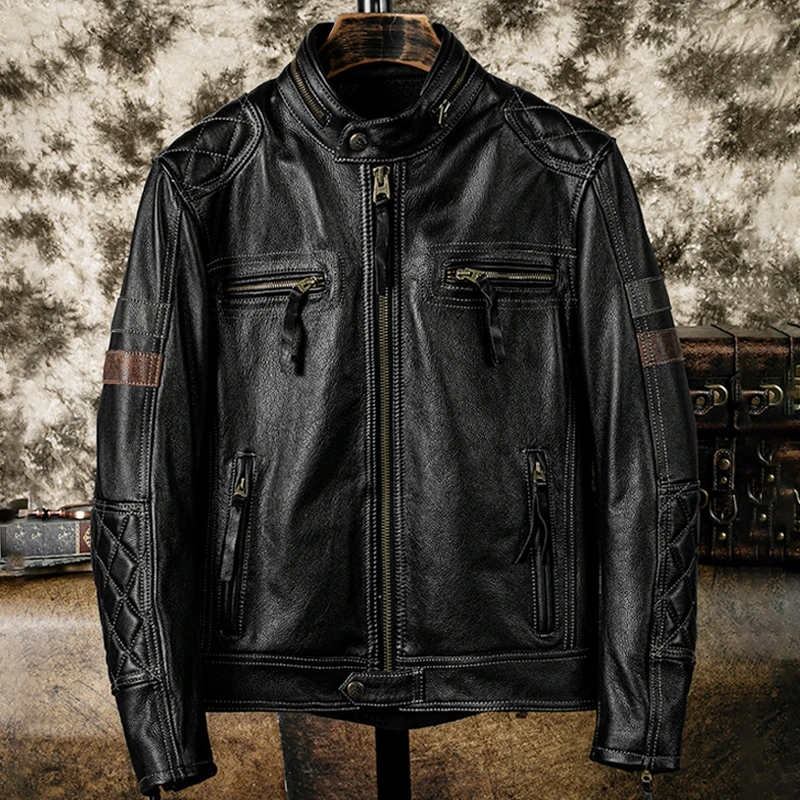 Black Autumn Leather Jacket Men Motorcycle Style Plus Size 6XL Genuine Natural Cowhide Can Add Protection Device Leather Coat