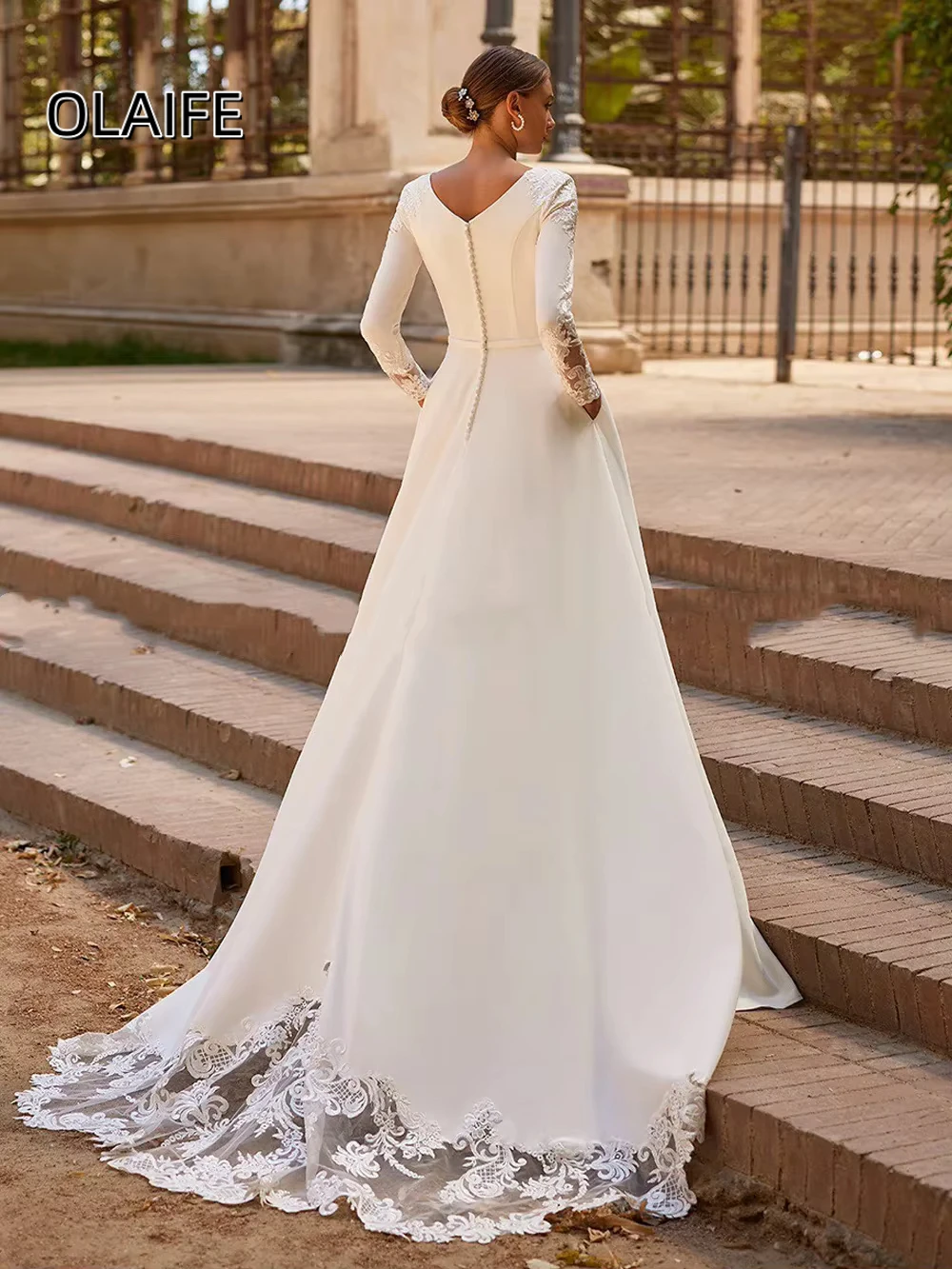 Olaife Wedding Dresses Long Sleeves Scoop Belt Pockets Applique Sweep Train Vestidos De Novia A Line Bridal Gown for Bride