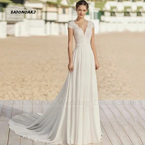 Elegantes Hochzeitskleid Boho Chiffon, Cap Sleeve, V-Ausschnitt Applikationen, Hochzeitskleid, maßgeschneidert, 2021 11 Hauptverkaufskleid für Verlobungschiffon - №7