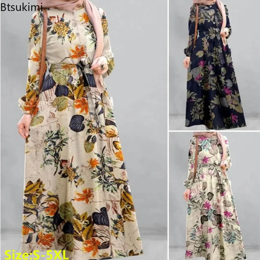 Nieuwe Mode Dames Bloemenprint Katoenen Linnen Jurk Hijab Moslim Lange Mouw Abaya Dames Elegante Vintage Feestjurk Met Riem