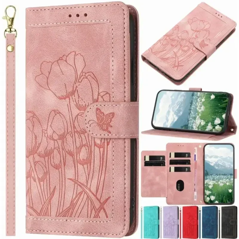 

Pop Cute Tulip Leather Case For Google Pixel 6A 7 7A 8 8A 9A 9 Pro XL Card Wallet Cash Slots Phone Bags Cover #FEB