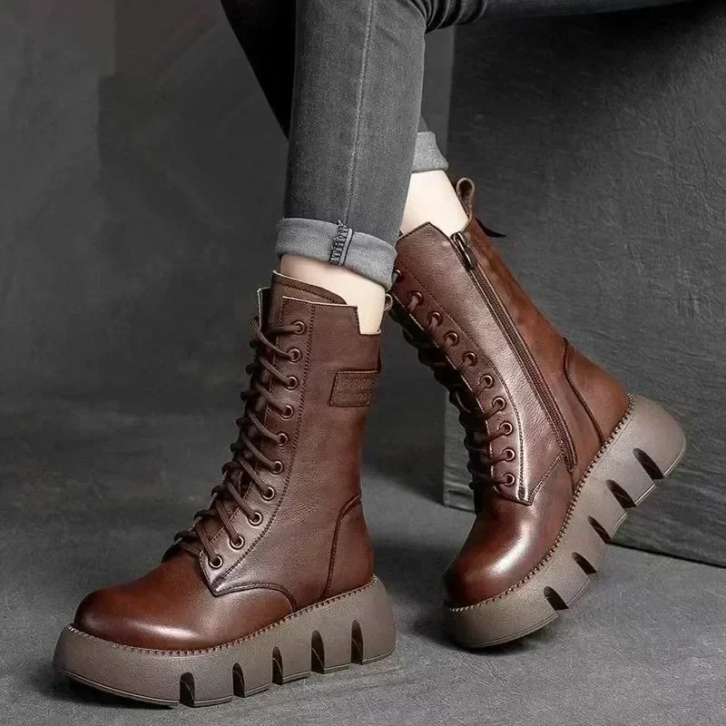 Winter Leather Women Boots 2024 Short Plush Mid-heel Snow Boots Lace Up Warm Lady Platform Biker Ankle Boots for Women Shoes