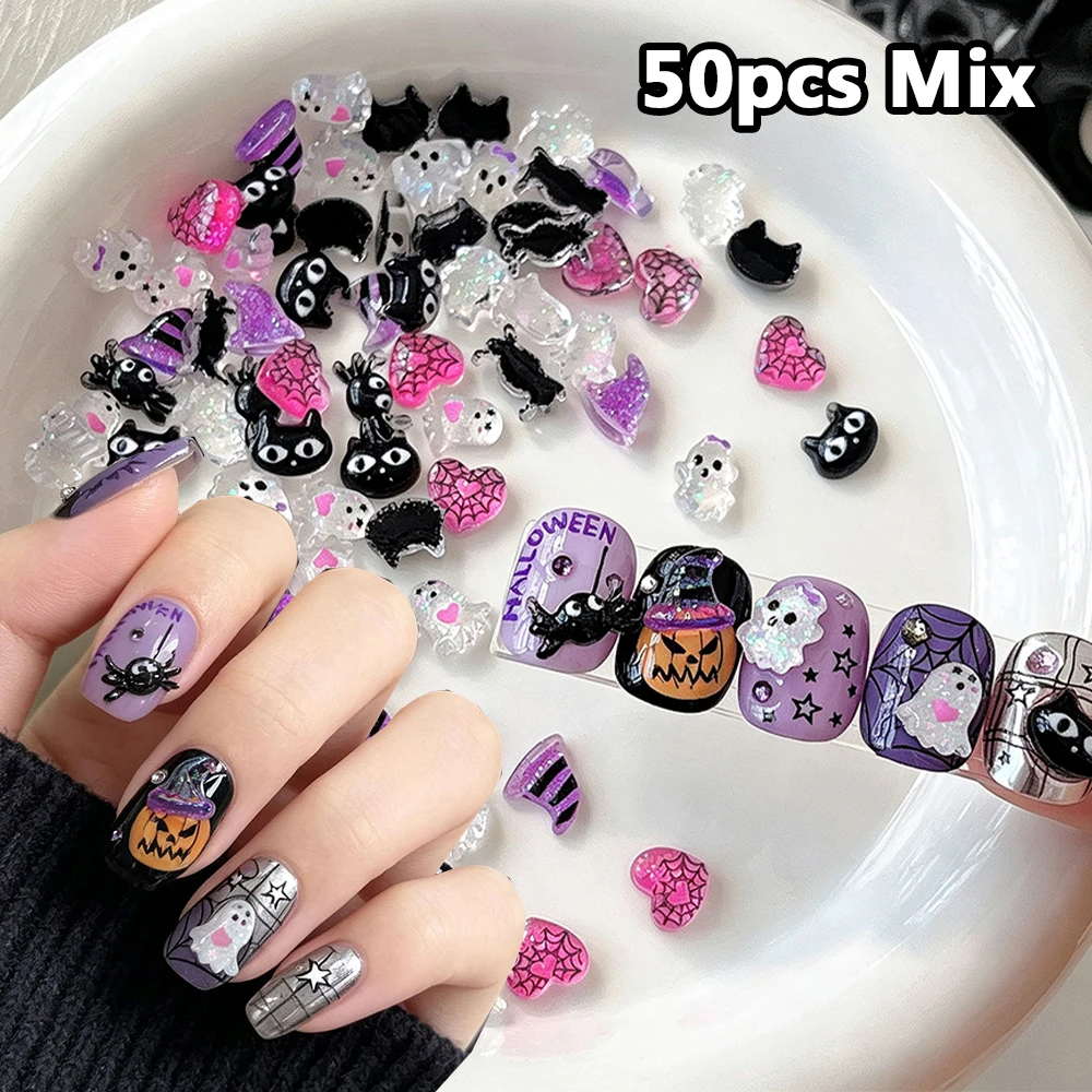 Breloques d'ongles 3D en résine violettes mignonnes pour Halloween, décorations d'ongles Kawaii scintillantes avec chat noir, fantôme, araignée, toile d'araignée rose et cœur