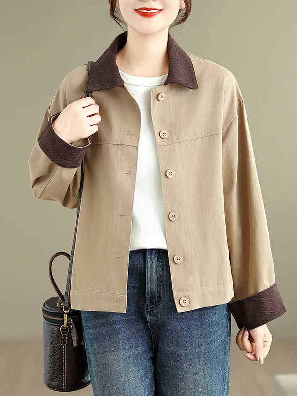 Veste décontractée grande taille pour femme avec col color block et détails boutonnés, coupe ample, manches longues, idéale pour l'automne