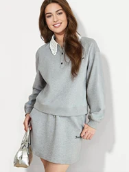DUSHU Women Spring Sweatshirt Skirt Sets Crochet Doll Collar Female Grey Casual Sweatshirts Suit Mini Skirt 25DS81244+25DS81245