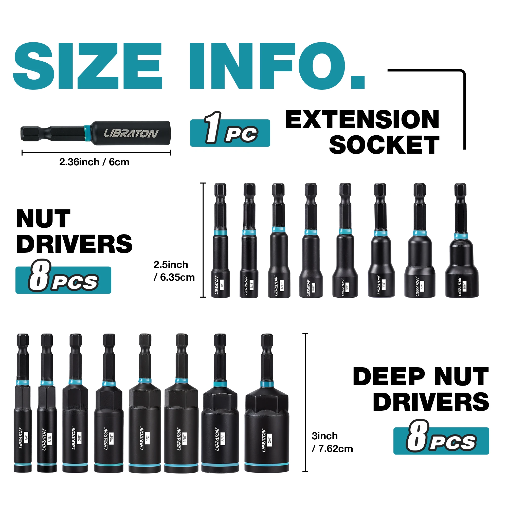 17pcs SAE Magnetic Nut Driver Set Impact Nut Driver Deep Nut Driver Set Impact Driver Bit Set with Box for Car Repair