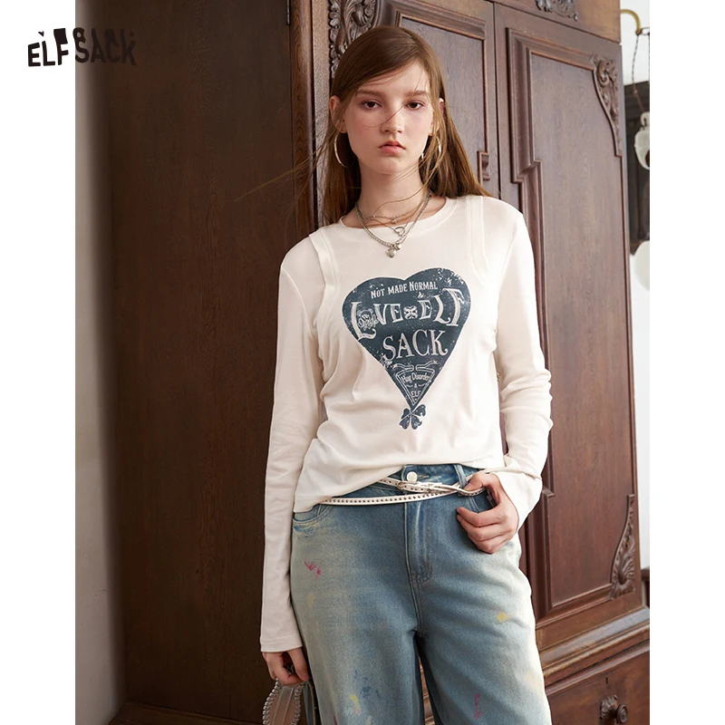 ELFSACK Women's Long Sleeve Slim T-Shirt with Heart Graphic Print, Casual Crewneck Top for Everyday Wear