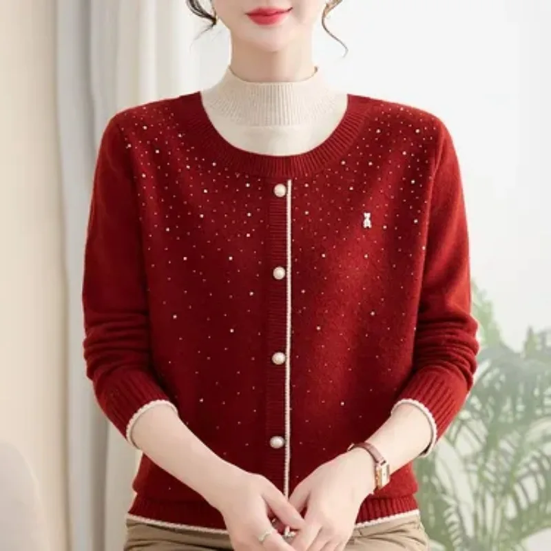 Elegant Mom Fleece Lined Fake Two Piece Knit Sweater Winter Half Turtleneck Hot Drill Loose Warm Tops
