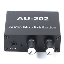 Stereo Mixer Audio Distribuidor para Headphone, AMP de energia externa, Volume controle independente, DC 5-19V, 2 entradas, 2 saídas, AU 202, 1Pc