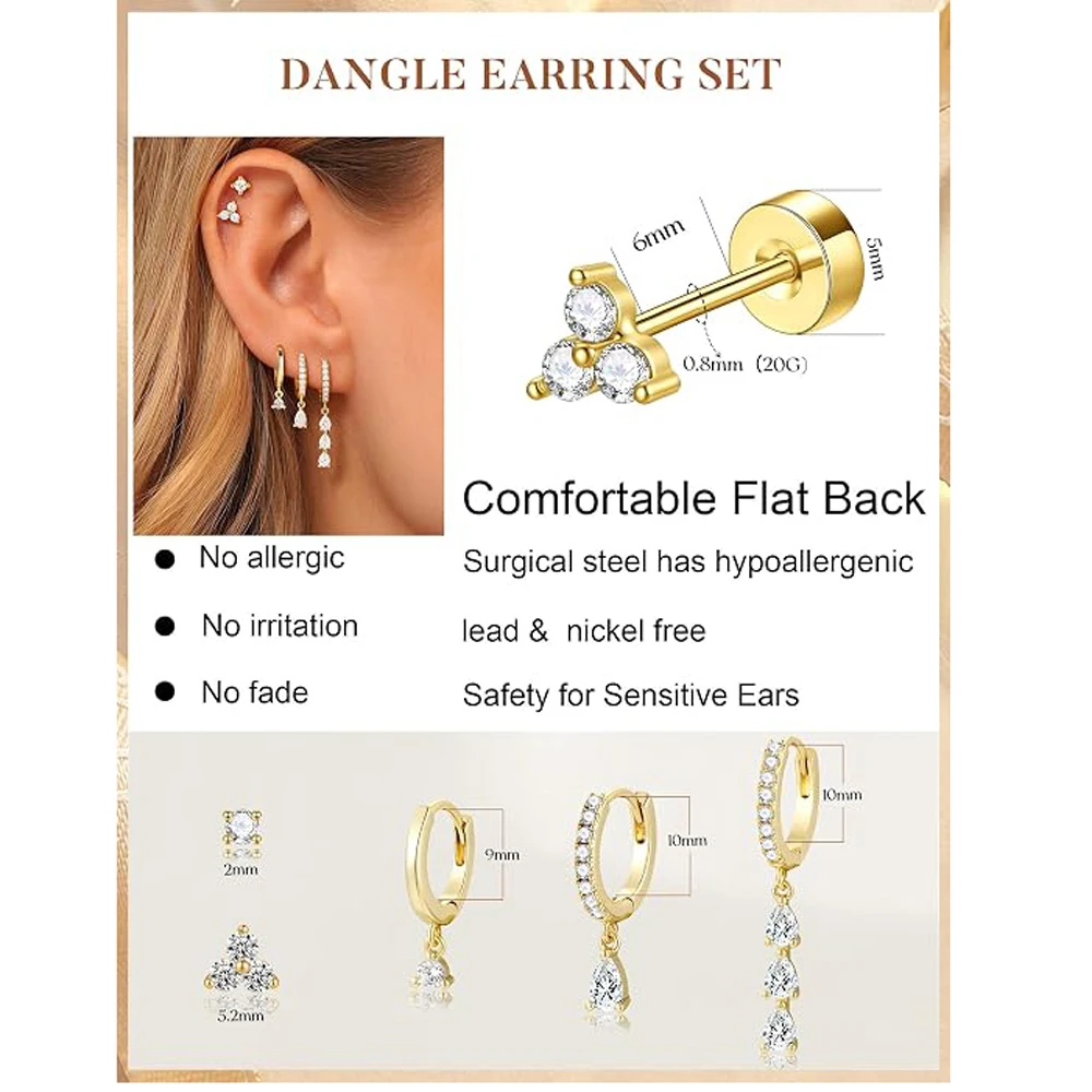 Women Dangle Earrings Hypoallergenic Earring 14K Real Gold Plated Drop Dangly Earring Stack Dainty Diamond CZ Hoop Jewelry Gifts