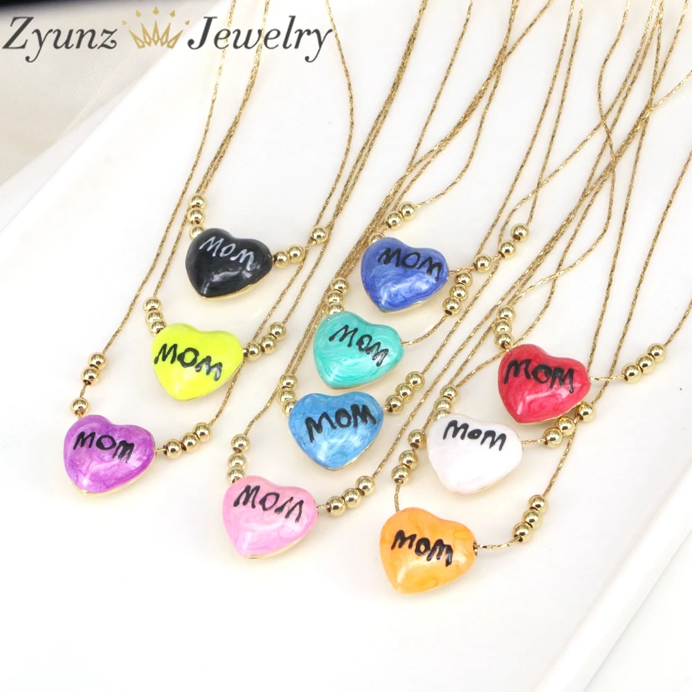 

10PCS, Elegant Mother's Day Gift Mom Letter Name Enamel Heart Pendant Chain Necklaces Copper Necklace Jewelry Gift for Women