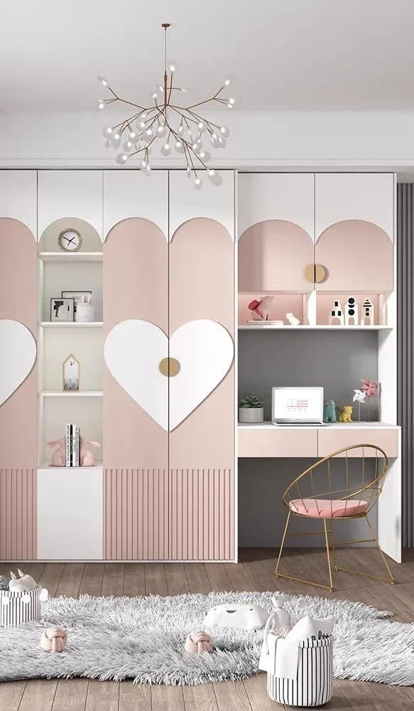 Girl pink Internet celebrity princess style desk integrated light luxury glass door solid wood girl wardrobe