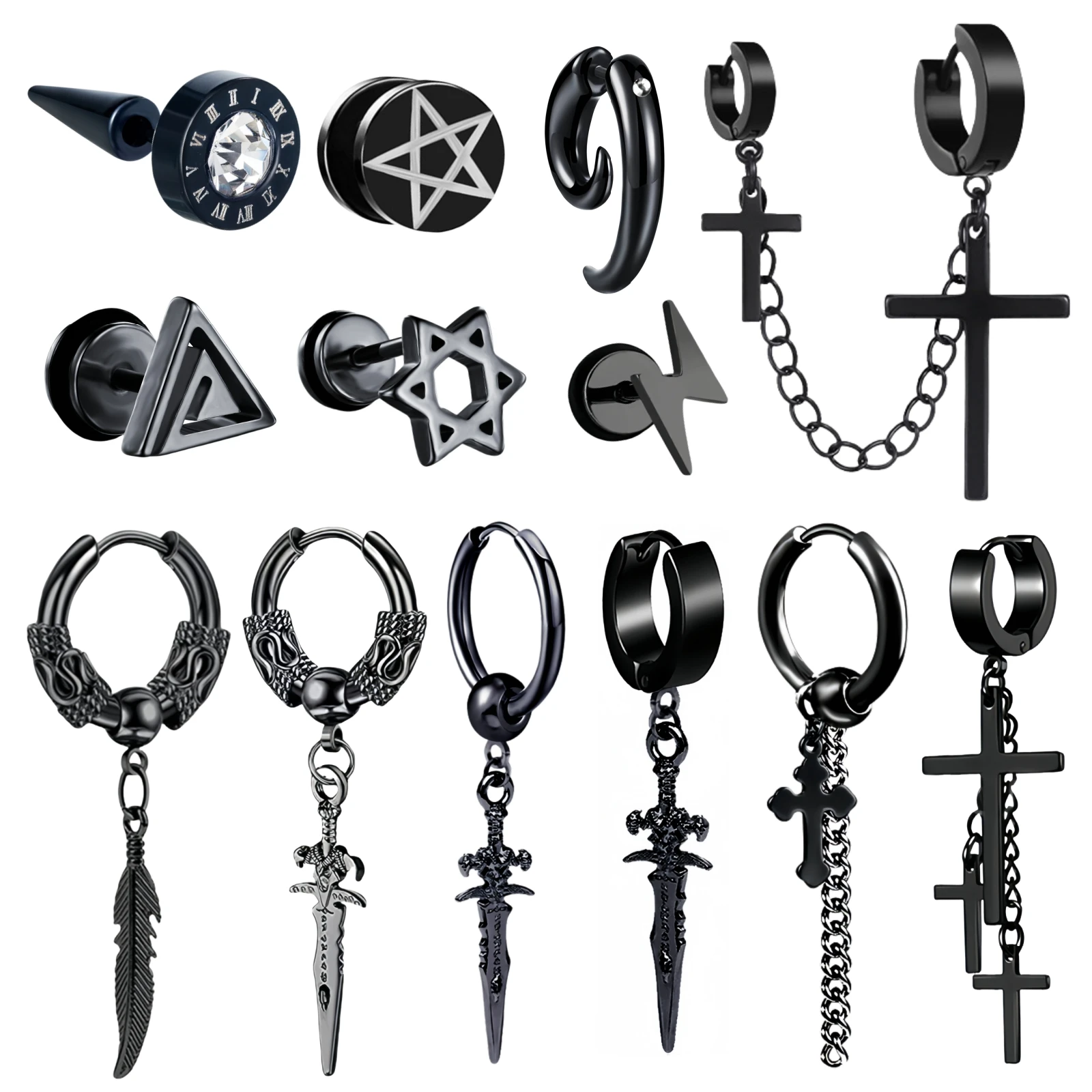 1 Paar Kreuzkette Stern Schwert Goth Punk Schwarz Edelstahl Piercing Creolen für Männer Frauen Statement Cool Party Schmuck